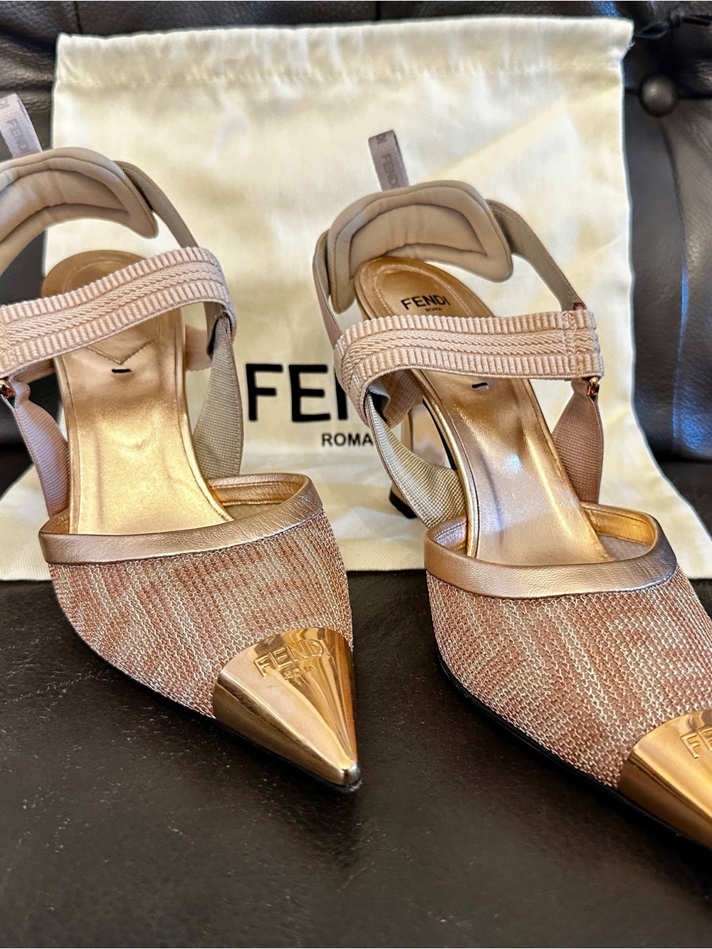 Fendi Metallic Pink and Gold Pointed-Toe Slingback Heels